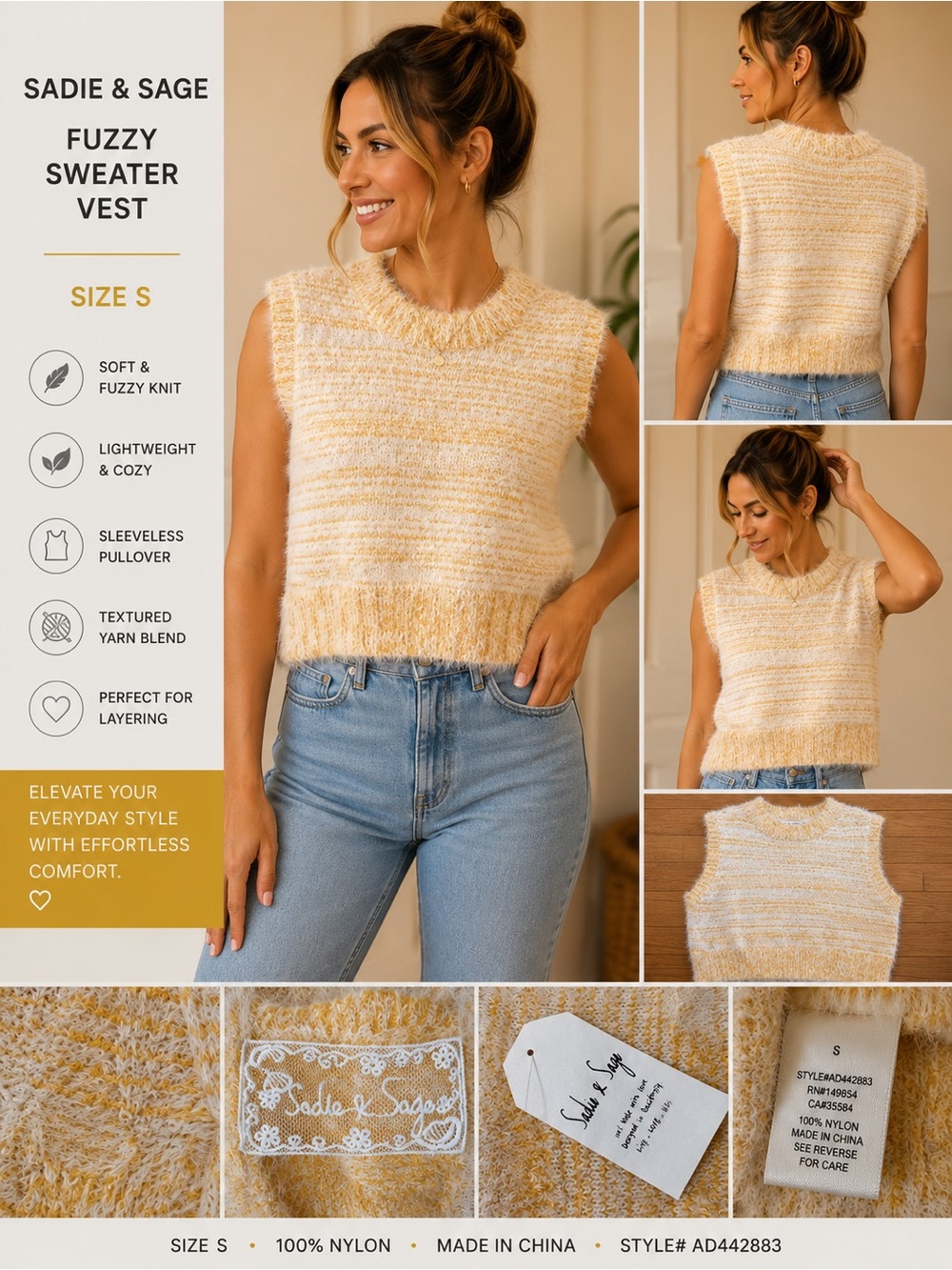 NWT-Sadie & Sage Women's Fuzzy Sleeveless Sweater Vest - Yellow/Cream